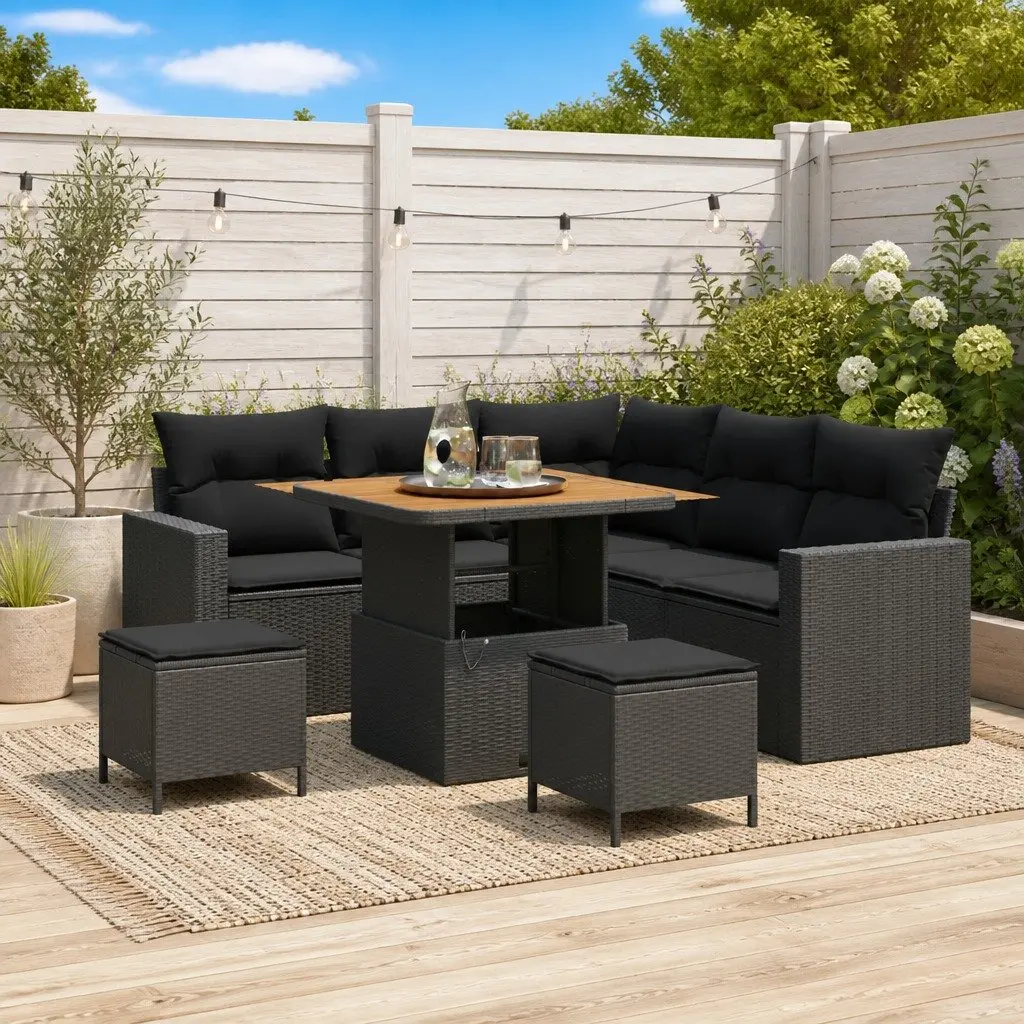 Modular Outdoor Garden Sofa Set 9 Piece Black Poly Rattan Cushions Seating