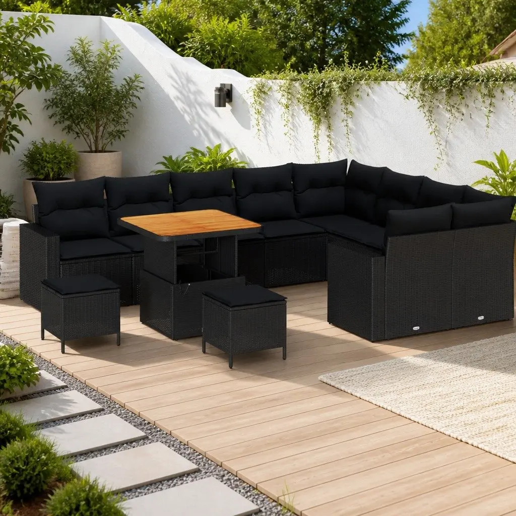 Modular Outdoor Garden Sofa Set Black Poly Rattan with Weather Resistant Cushions 13 Piece