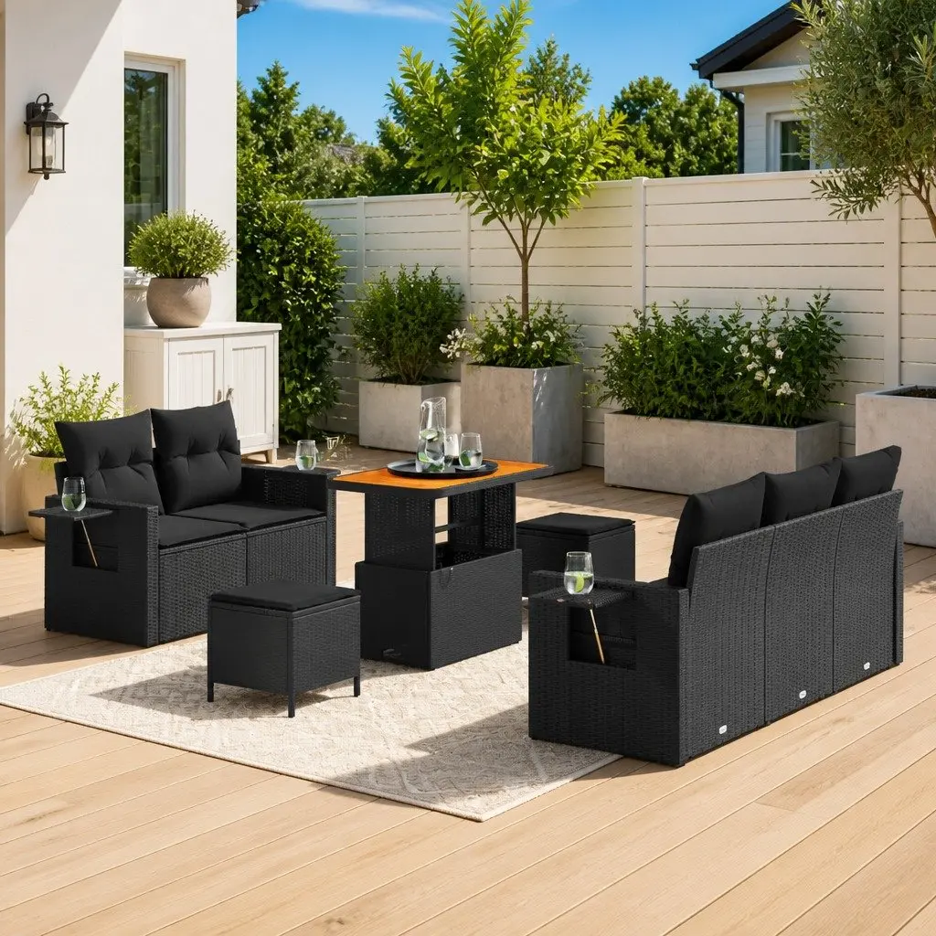 Modular Garden Sofa Set 10 Pieces Outdoor Black Poly Rattan with Cushions