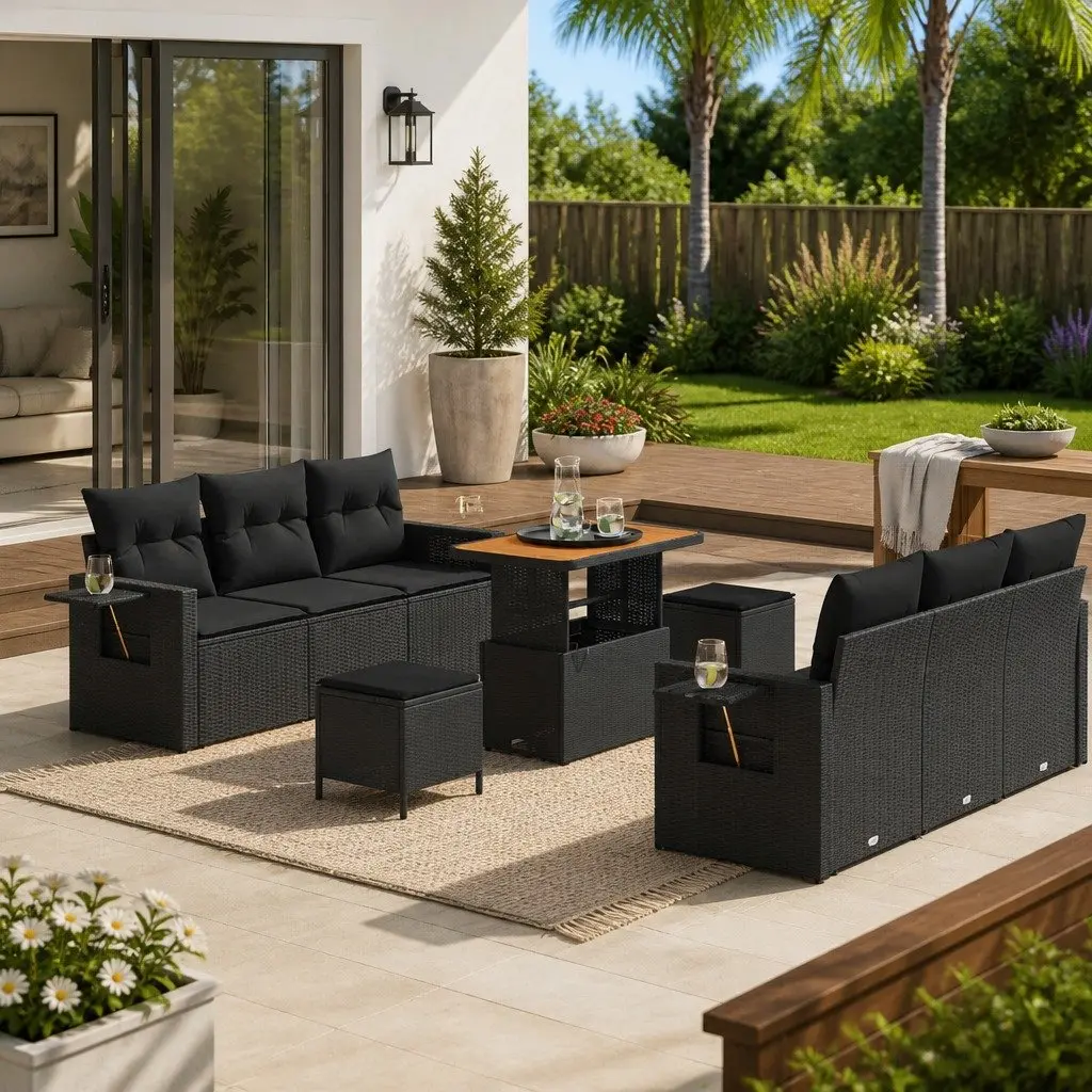 Modular Garden Sofa Set 9 Pieces Outdoor Seating Black Patio Furniture