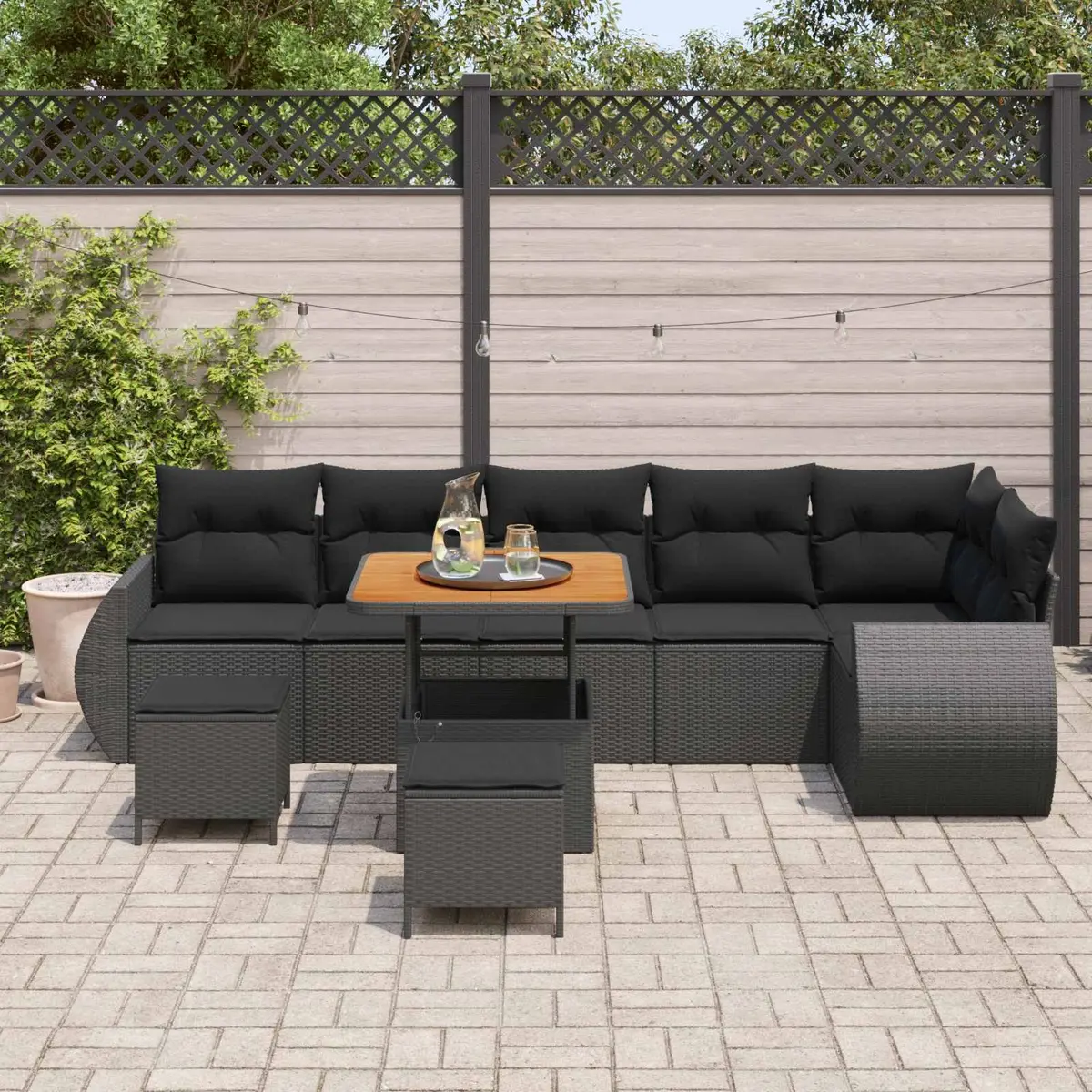Outdoor Garden Sofa Set 9 Piece Modular Seating Black Poly Rattan with Cushions