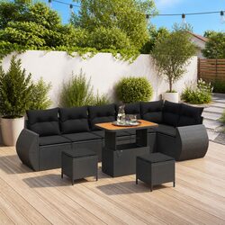 Outdoor Garden Sofa Set 9 Piece Poly Rattan Black Modular Seating with Cushions