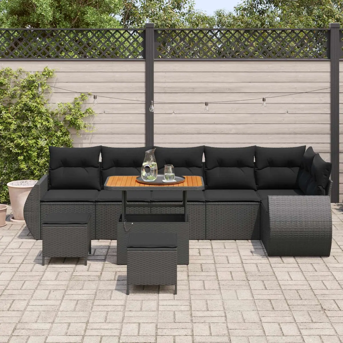 Outdoor Sofa Set Modular Seating 9 Piece Black Poly Rattan with Cushions