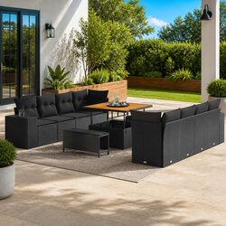 Modular Garden Sofa Set 11 Piece Outdoor Seating Black Poly Rattan Patio