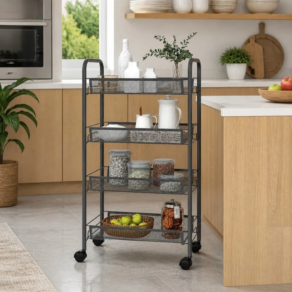 4-Tier Grey Kitchen Trolley with Wheels