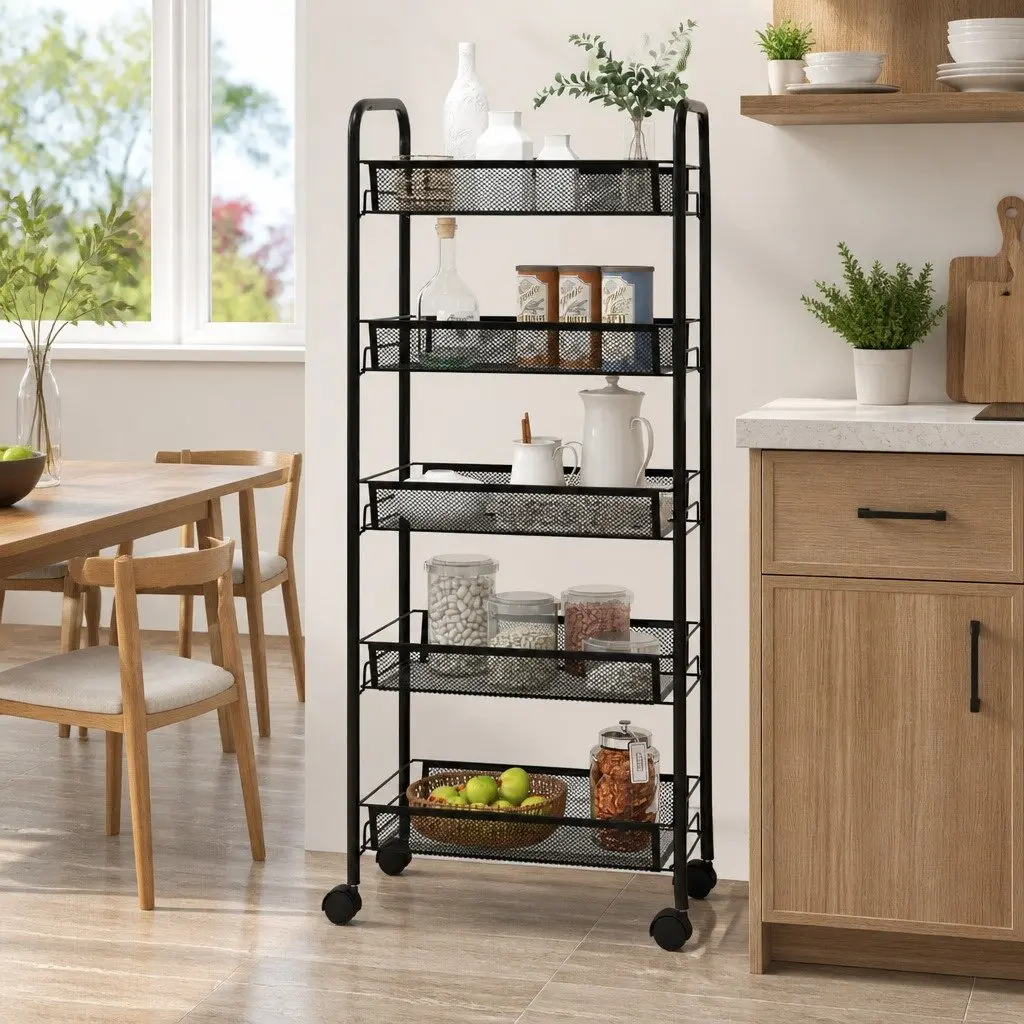 5-Tier Kitchen Trolley Storage Cart Removable Mesh Baskets Black Iron