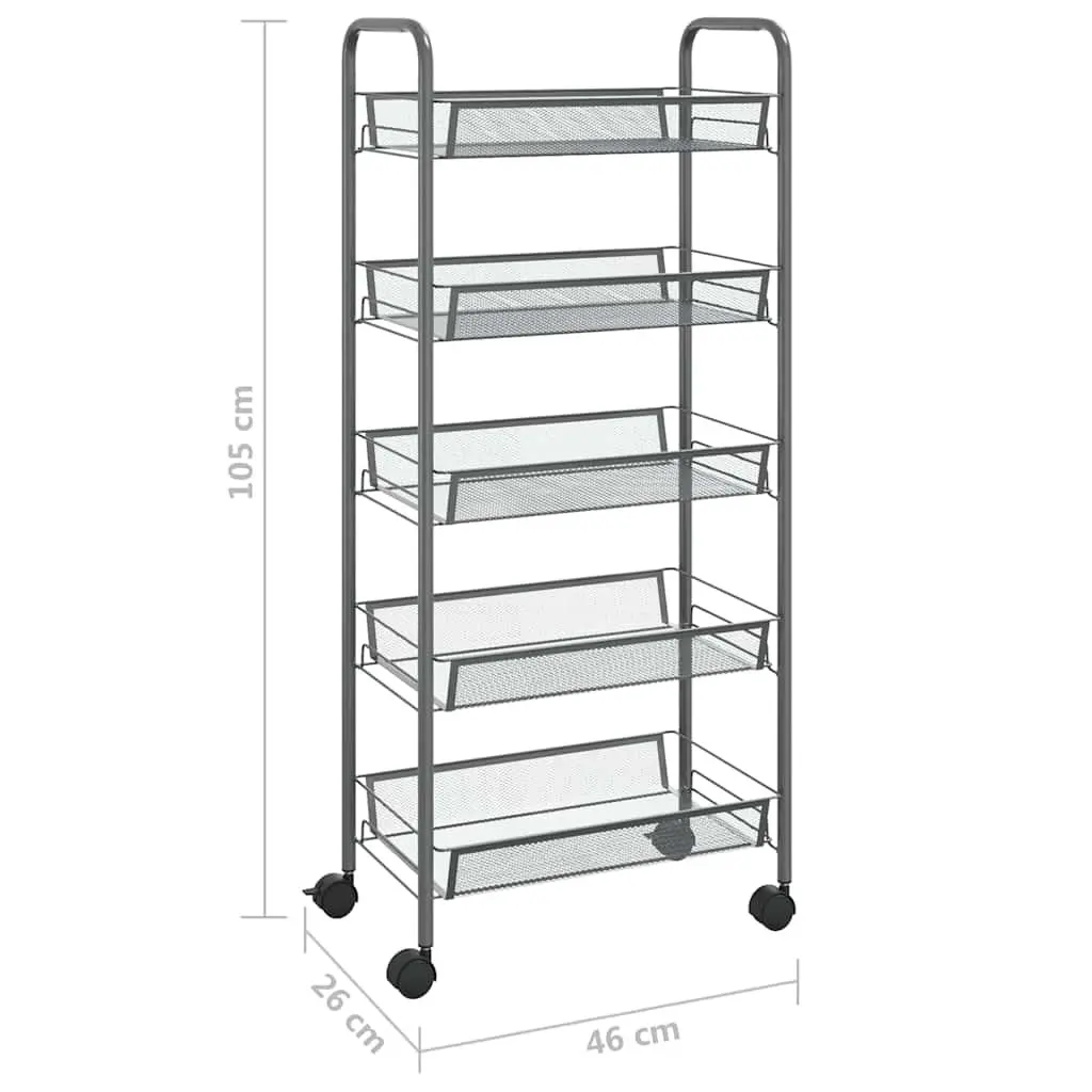 5-Tier Kitchen Trolley Storage Cart Organiser Grey Iron with Wheels Removable Baskets