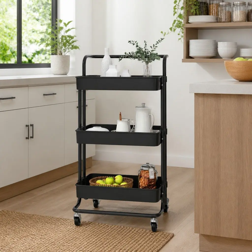3-Tier Kitchen Trolley Organiser Storage Cart with Wheels and Handle