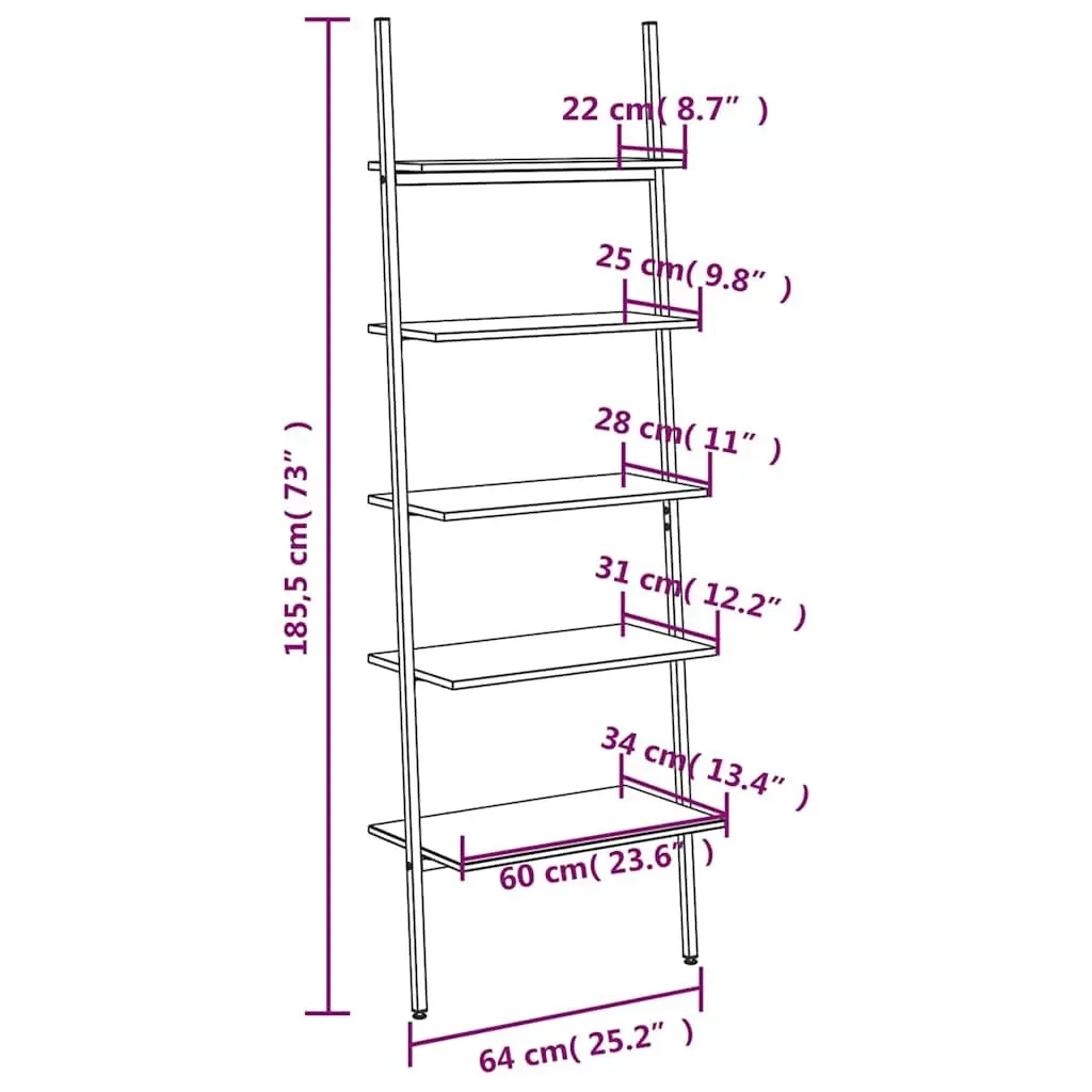 5-Tier Leaning Shelf Storage Bookcase Dark Brown Black Steel Frame Home Office