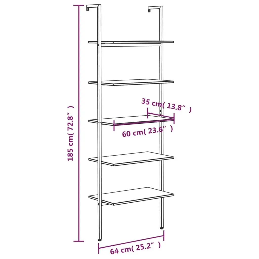 5-Tier Leaning Shelf Dark Brown Black Storage Bookcase Standing Shelves Home