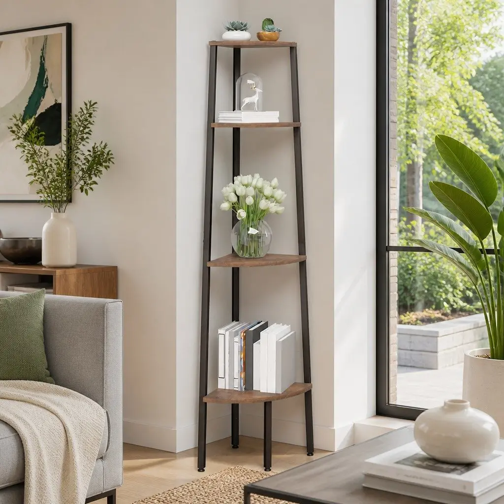 Corner Shelf 4-Tier Storage Bookcase Dark Brown Black 45.5x31.5x150cm