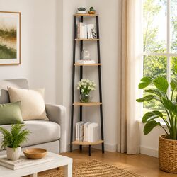 5-Tier Corner Shelf Brown Black Storage Bookcase Standing Shelving Unit