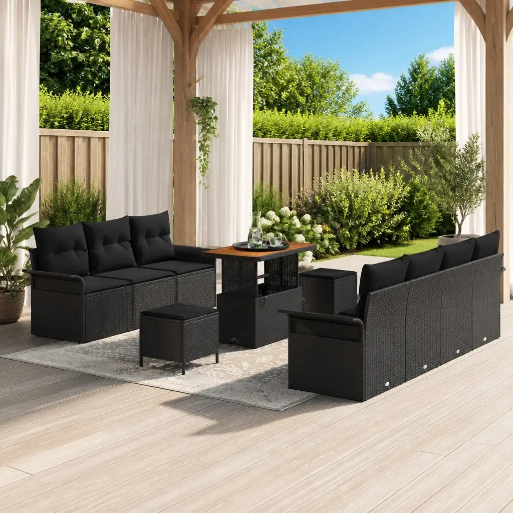 Modular Garden Sofa Set 10 Pieces Outdoor Seating with Storage Cushions Black