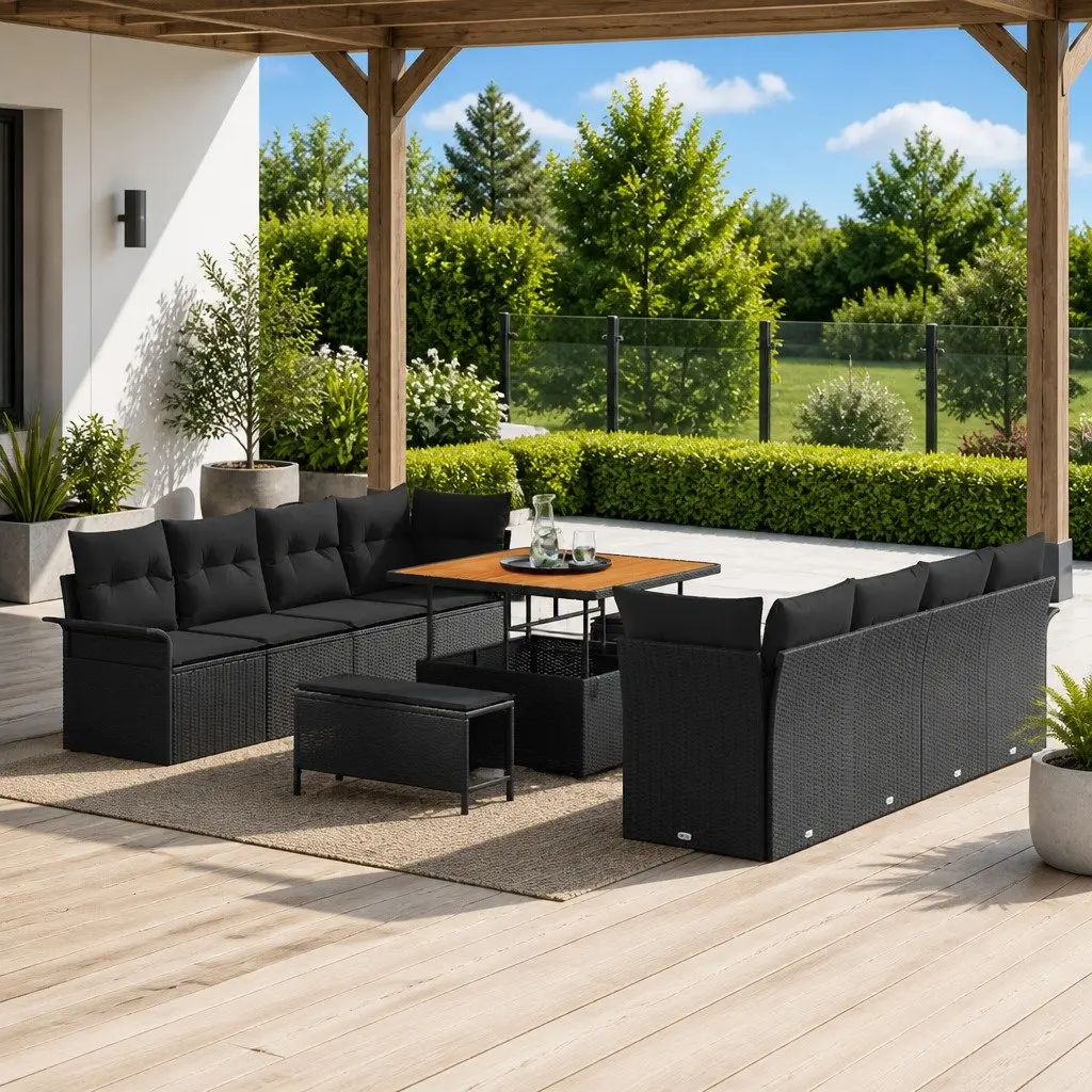 Outdoor Garden Sofa Set Black Modular Lounging Furniture with Cushions