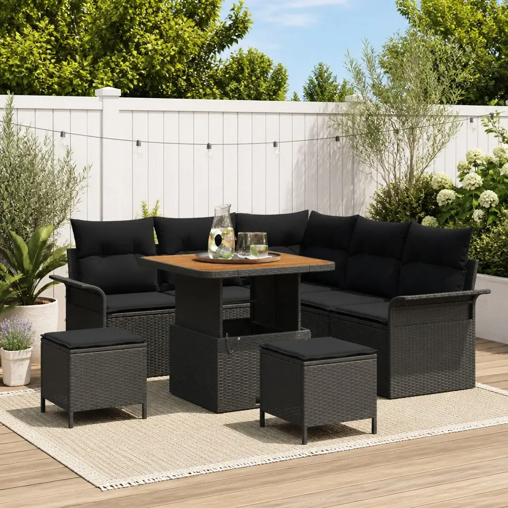 8 Piece Outdoor Garden Sofa Set Storage Cushions Black Poly Rattan Furniture
