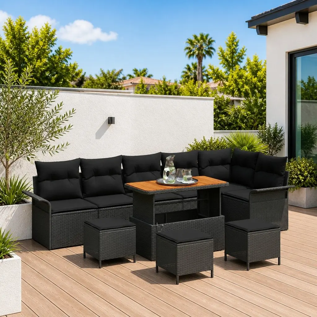 Modular Garden Sofa Set 10 Pieces Outdoor Seating Black with Storage Cushions