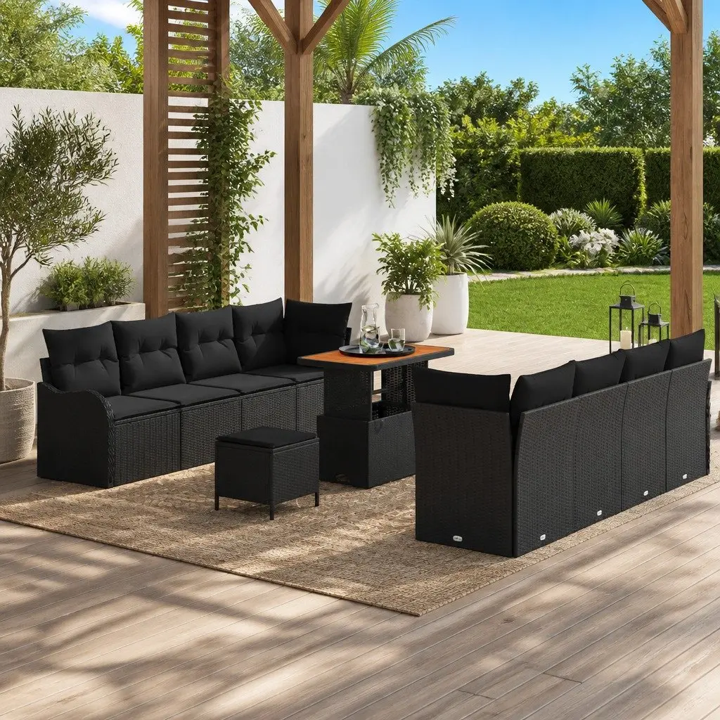 Modular Outdoor Garden Sofa Set 11 Pieces Black Poly Rattan Seating with Storage