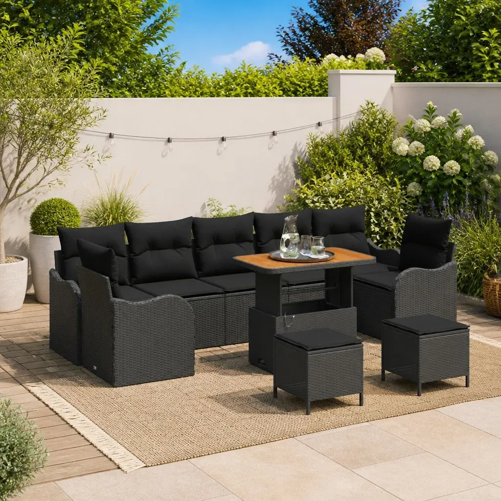 10-Piece Black Outdoor Rattan Sofa Set with Storage