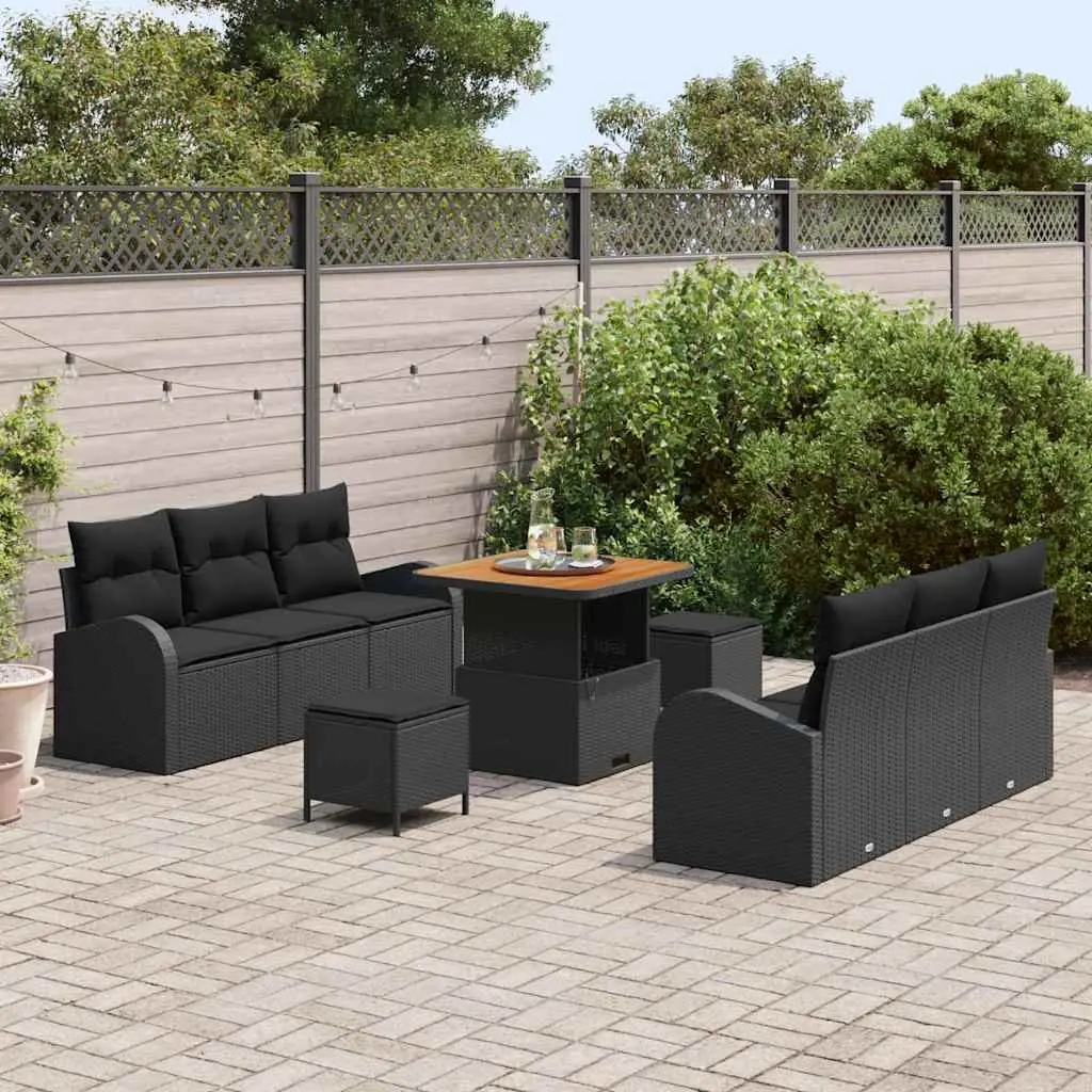 Modular Garden Sofa Set 9 Piece Outdoor Relaxation Black Poly Rattan Acacia Wood