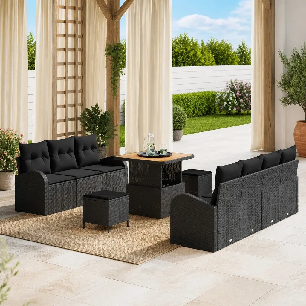 Modular Outdoor Garden Sofa Set with Storage Compartments 10 Piece Black Poly Rattan Acacia Wood