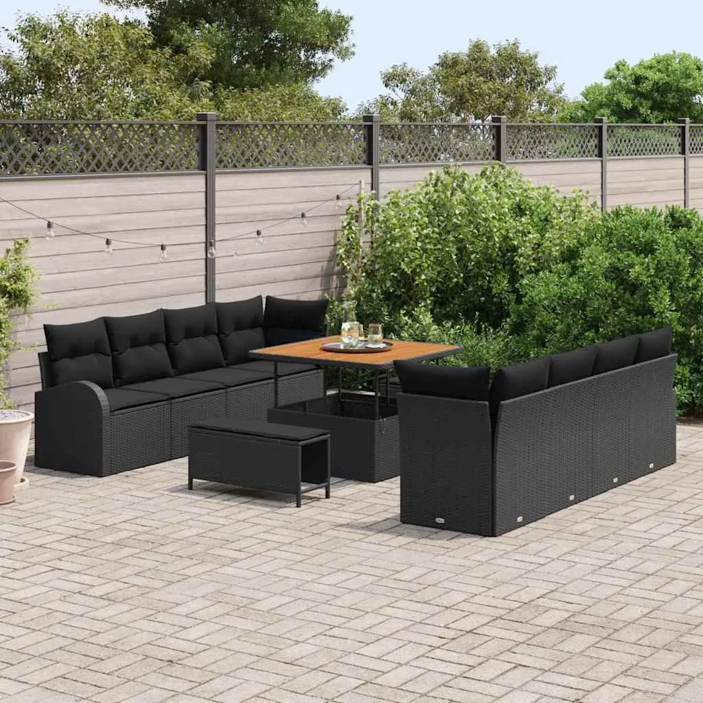 Outdoor Garden Sofa Set 11 Pieces Black Poly Rattan Patio Seating with Storage