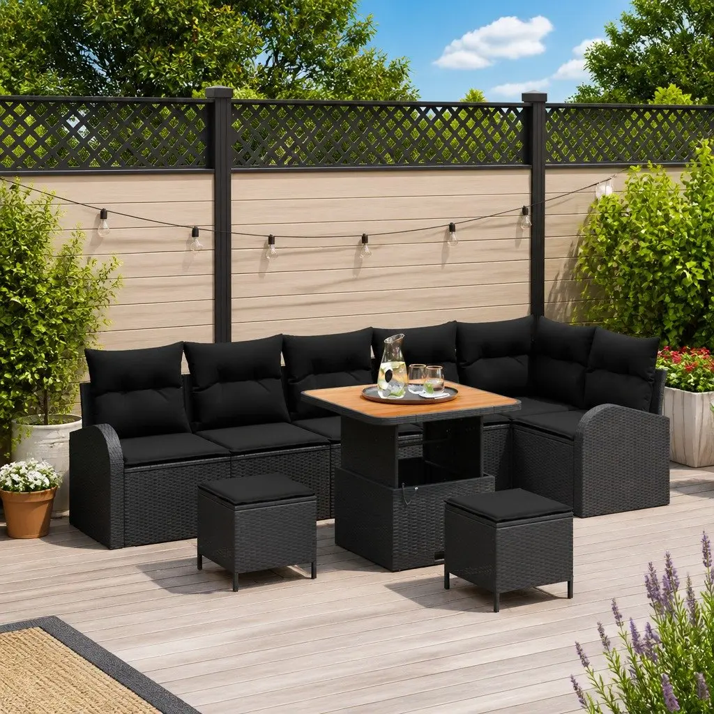 Garden Sofa Set 9 Piece Outdoor Seating with Storage Compartments Black Poly Rattan and Powder Coated Steel Frame