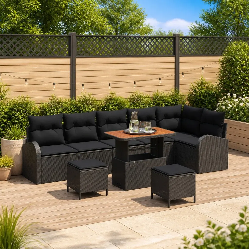 Garden Sofa Set Outdoor Use 9 Pieces Black Poly Rattan with Storage Compartment