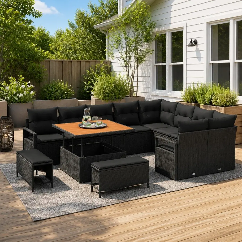 Outdoor Sofa Set Storage Cushions 12 Piece Black Poly Rattan