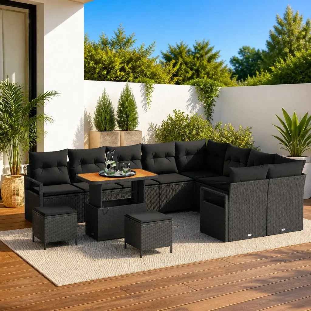 Outdoor Sofa Set 12 Piece Black Poly Rattan Garden Seating with Cushions