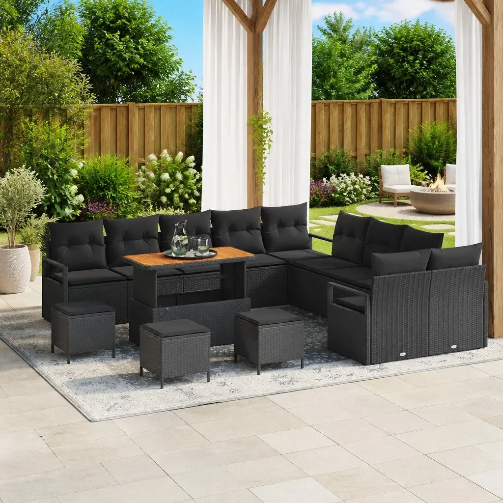 Outdoor Sofa Set 14 Piece Black Poly Rattan Furniture with Storage Cushions