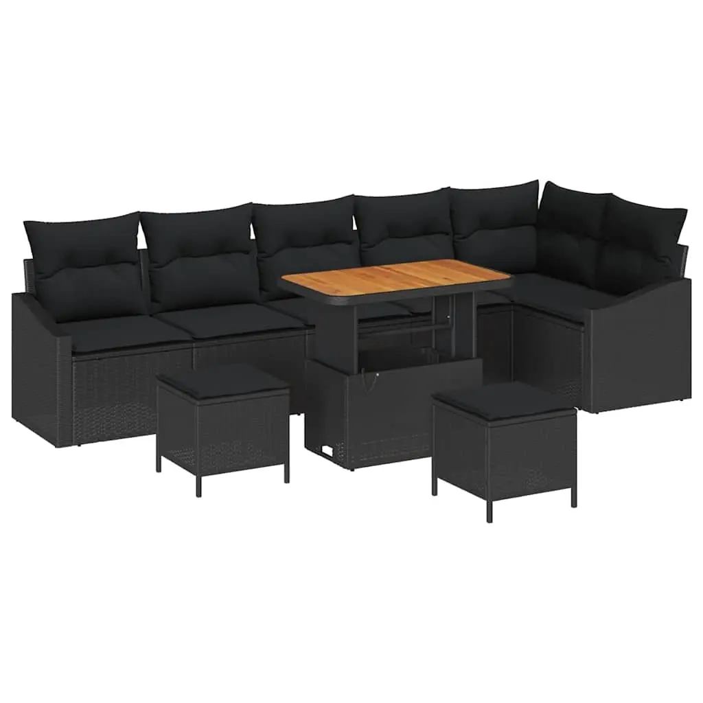 Outdoor Garden Sofa Set 9 Pieces Black Poly Rattan Modular Seating with Cushions
