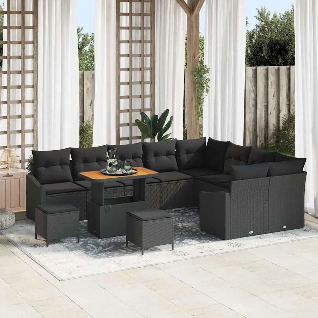 Modular Garden Sofa Set Flexible Black Poly Rattan Outdoor Lounge with Cushions 12 Components