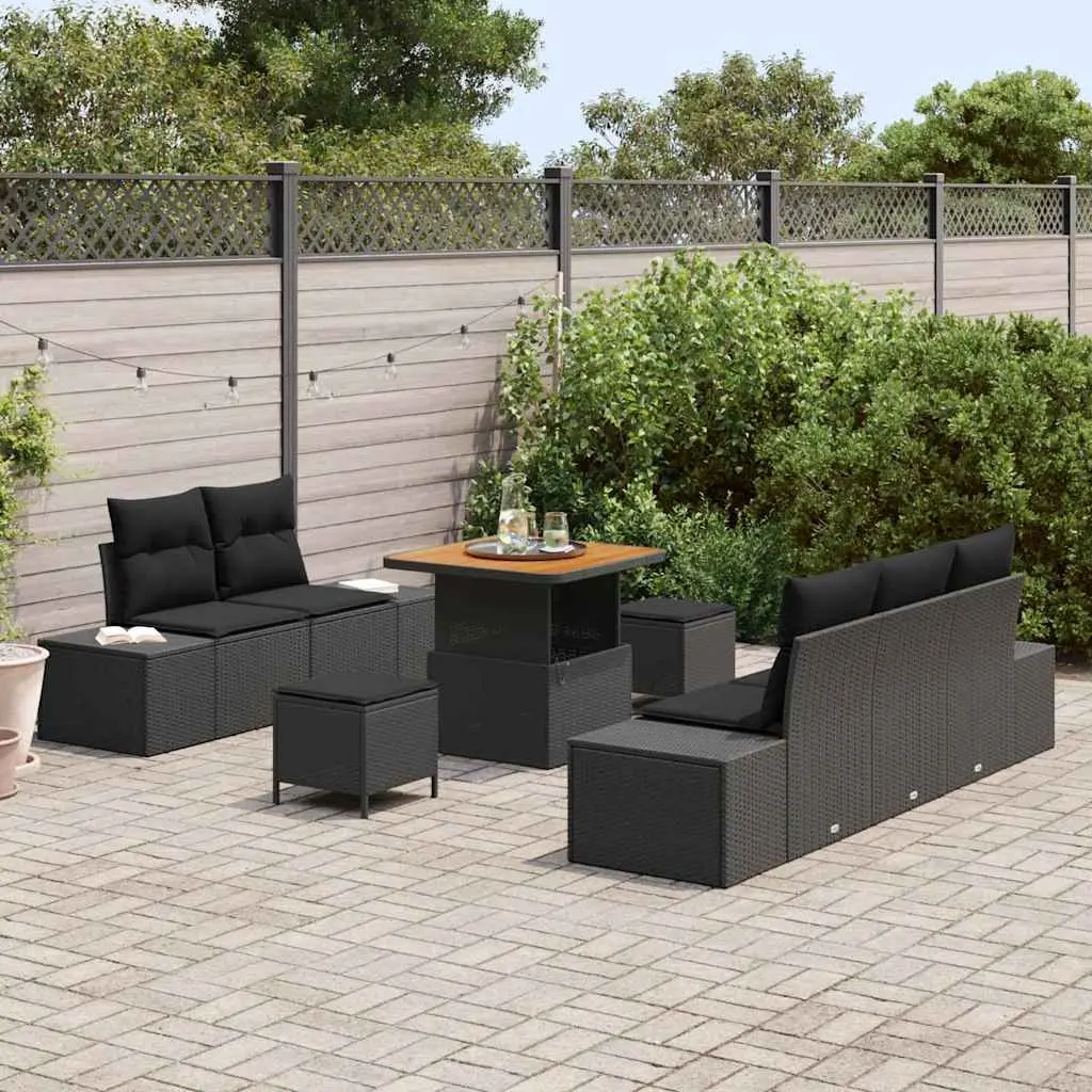 Outdoor Garden Sofa Set 8 Pieces Black Poly Rattan Patio Seating with Cushions