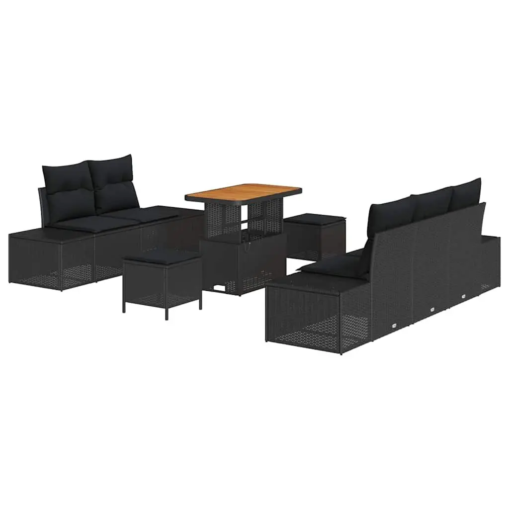 Outdoor Garden Sofa Set 8 Pieces Black Poly Rattan Patio Furniture with Cushions