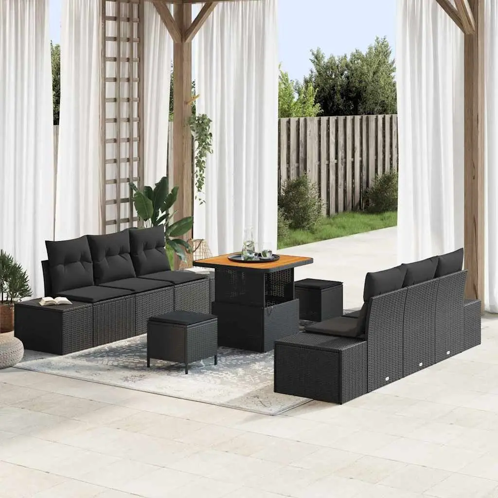 Outdoor Sofa Set 9 Piece Garden Furniture Black Poly Rattan with Cushion Storage