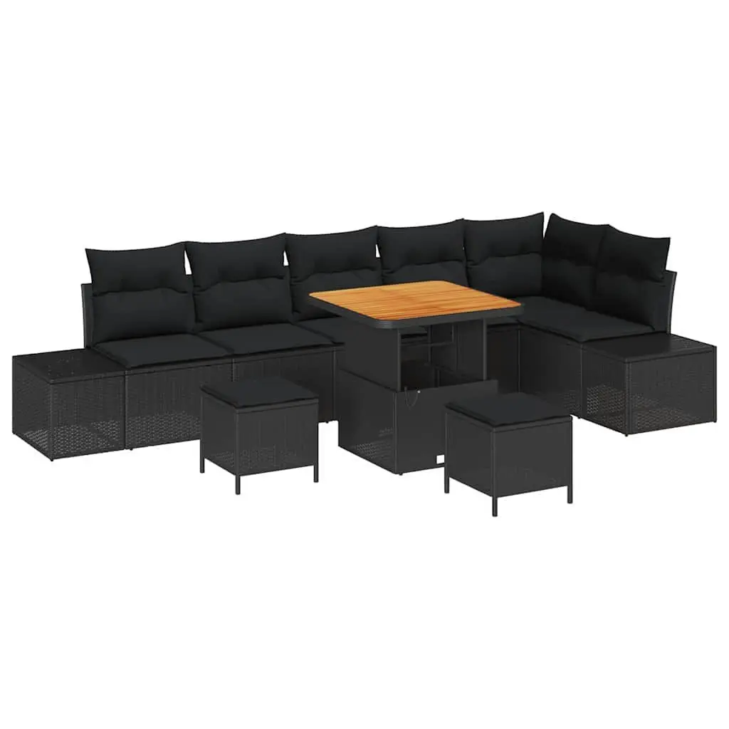 Modular Outdoor Garden Sofa Set 9 Piece Black Poly Rattan with Cushions