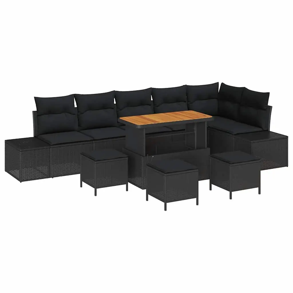 Modular Black Poly Rattan Outdoor Sofa Set 10 Piece with Cushions for Patio Garden Terrace