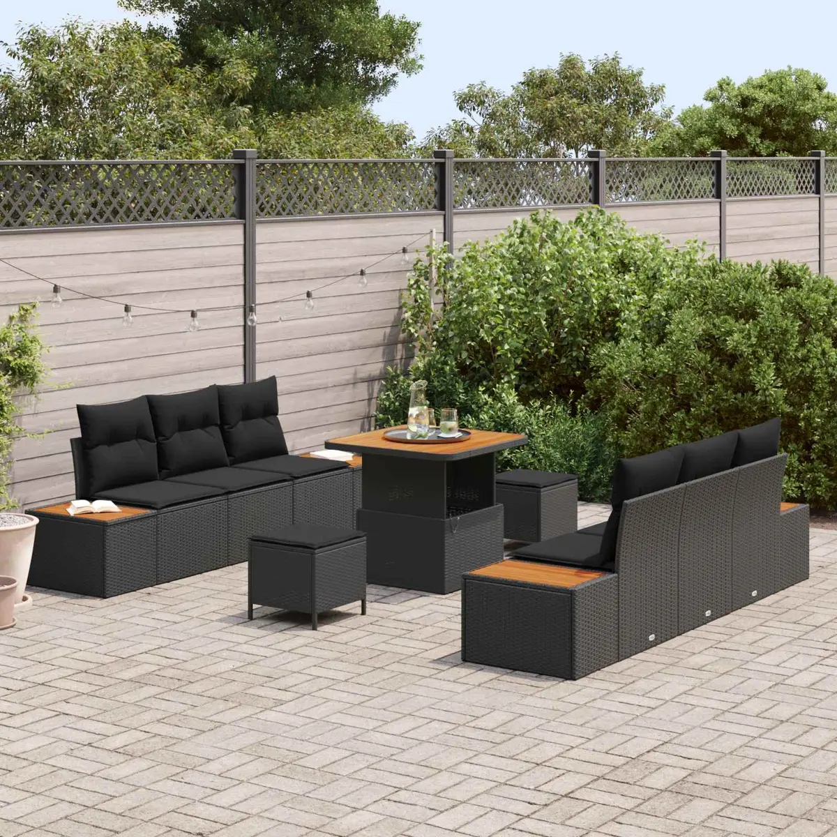 Modular 9 Piece Black Sofa Set for Outdoor Garden Use with Poly Rattan and Acacia Wood