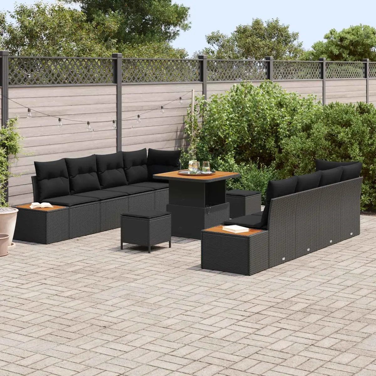 Outdoor Garden Sofa Set 11 Pieces Black Poly Rattan Furniture with Cushions