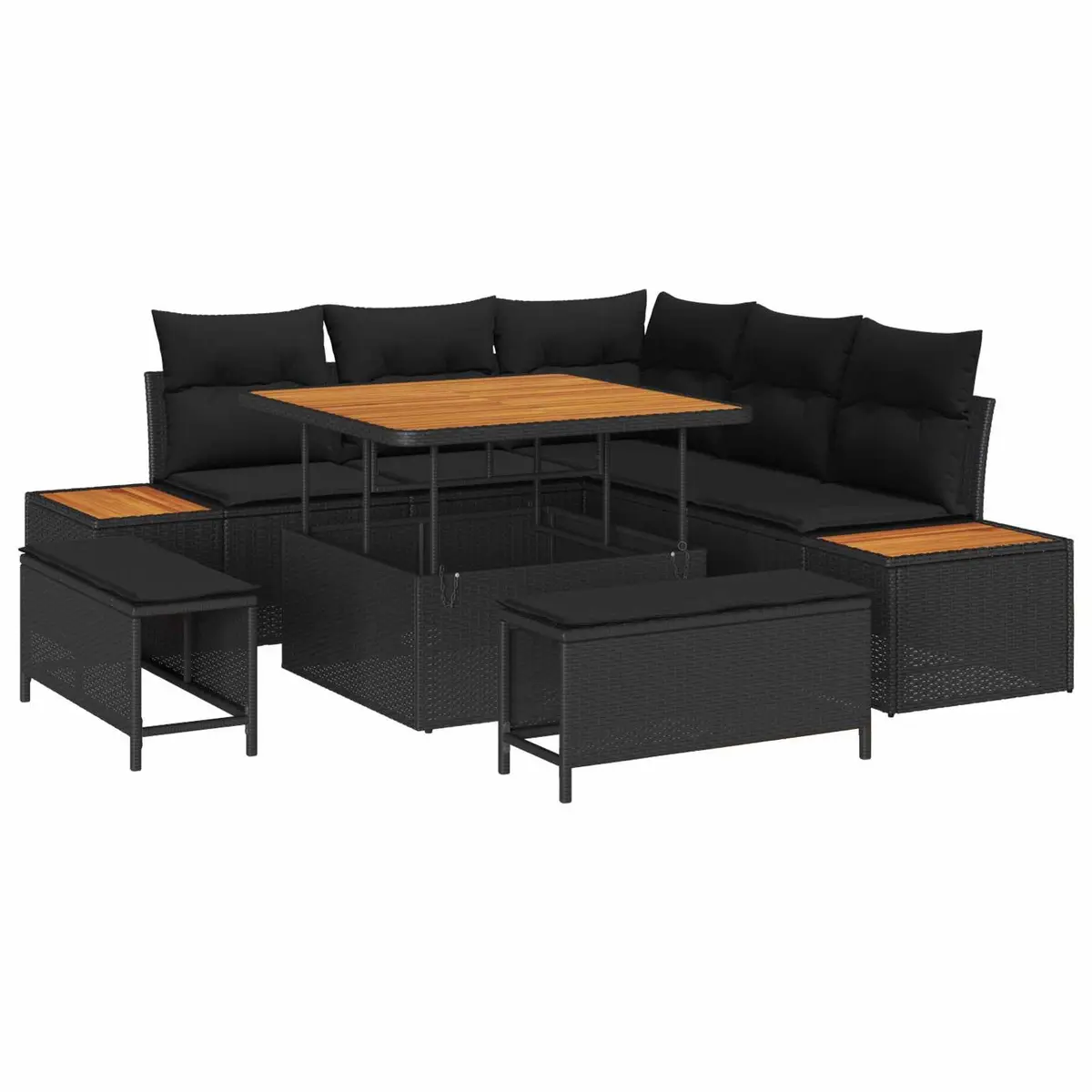 Outdoor Garden Sofa Set 8 Piece Modular Patio Seating Black Poly Rattan Solid Acacia Wood