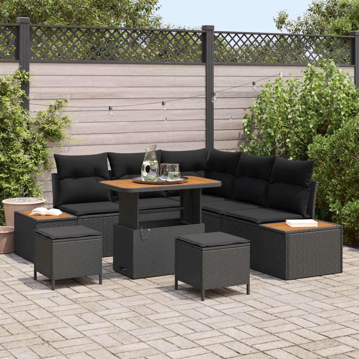 Outdoor Garden Sofa Set 8 Piece Modular Seating Black Poly Rattan with Cushions