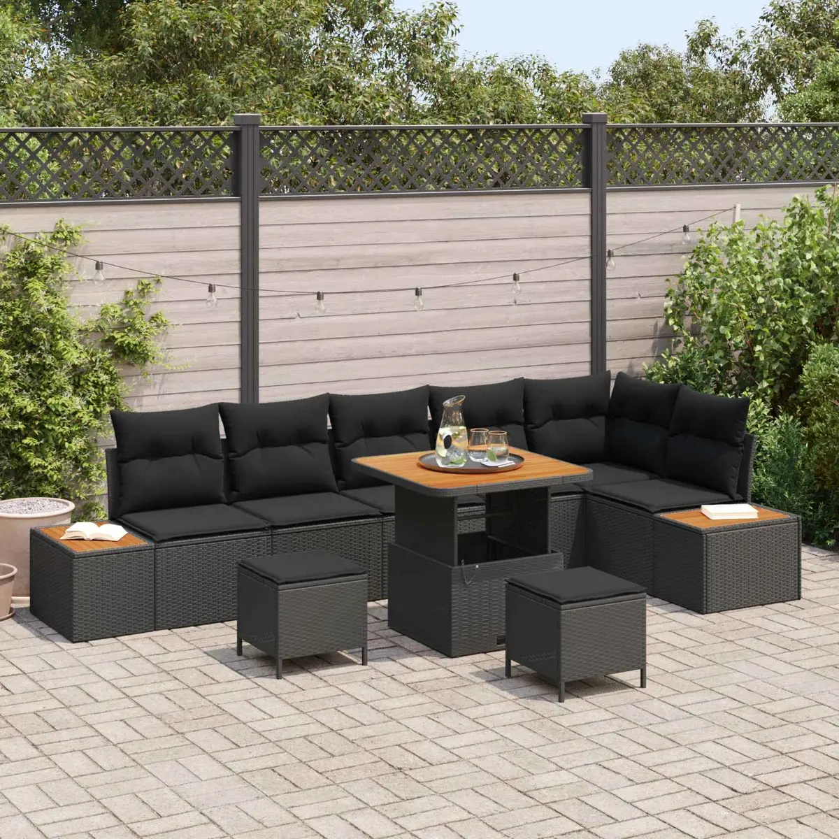 Outdoor Garden Sofa Set 9 Piece Black Poly Rattan Patio Lounge Furniture with