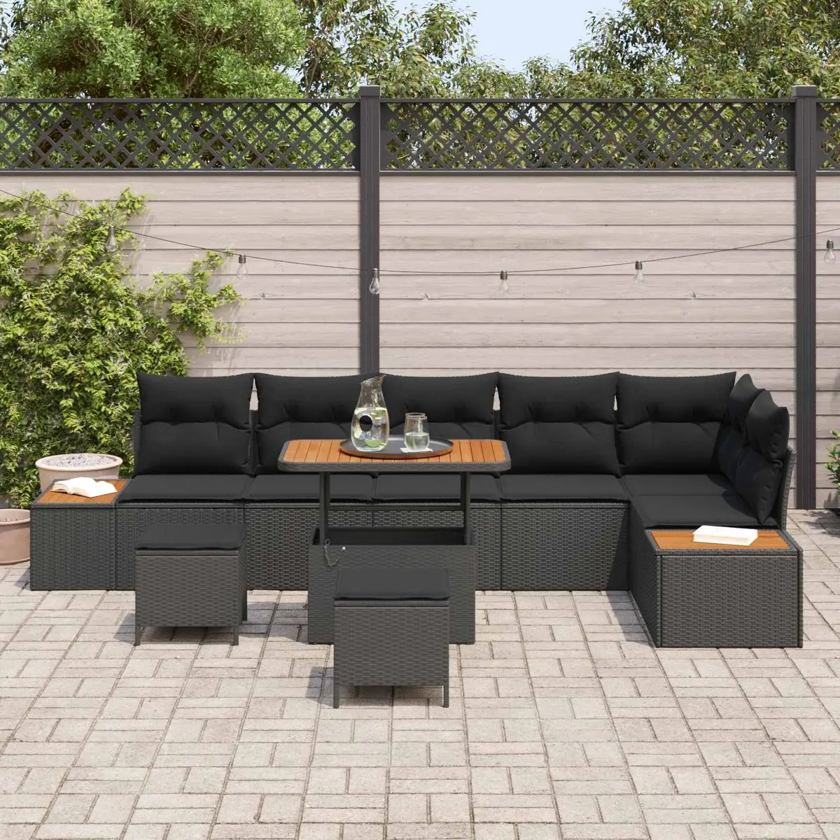 Garden Sofa Set 9 Pieces Outdoor Seating Poly Rattan Acacia Wood Black