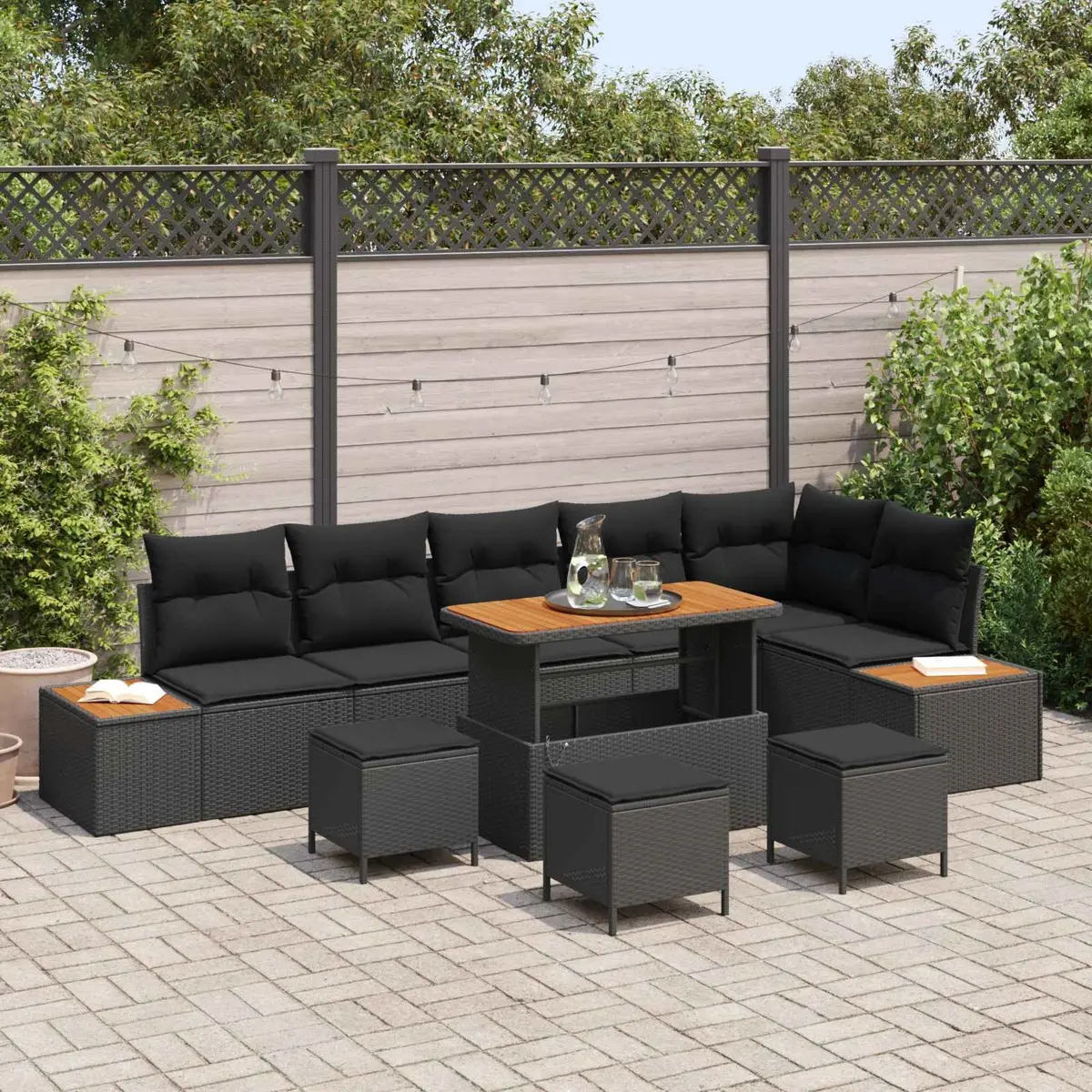Outdoor Garden Sofa Set 10 Piece Black Poly Rattan Patio Lounge Seating Suite