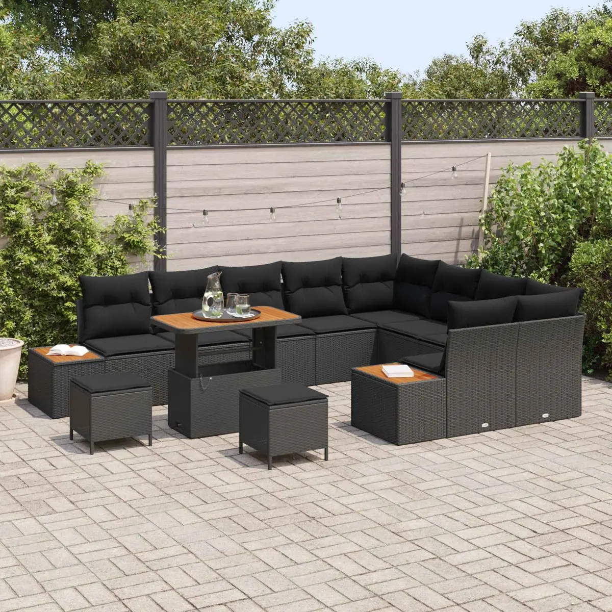 Garden Sofa Set Outdoor Seating 12 Piece Black Poly Rattan Modular with Cushions