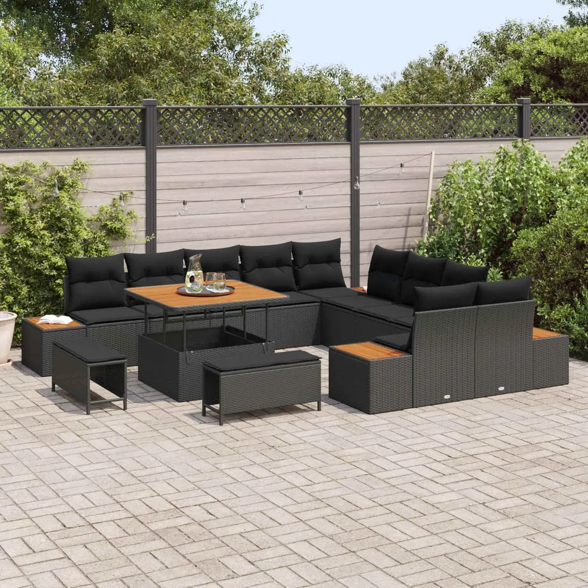 Outdoor Garden Sofa Set 13 Pieces Black Poly Rattan Patio Furniture with Storage
