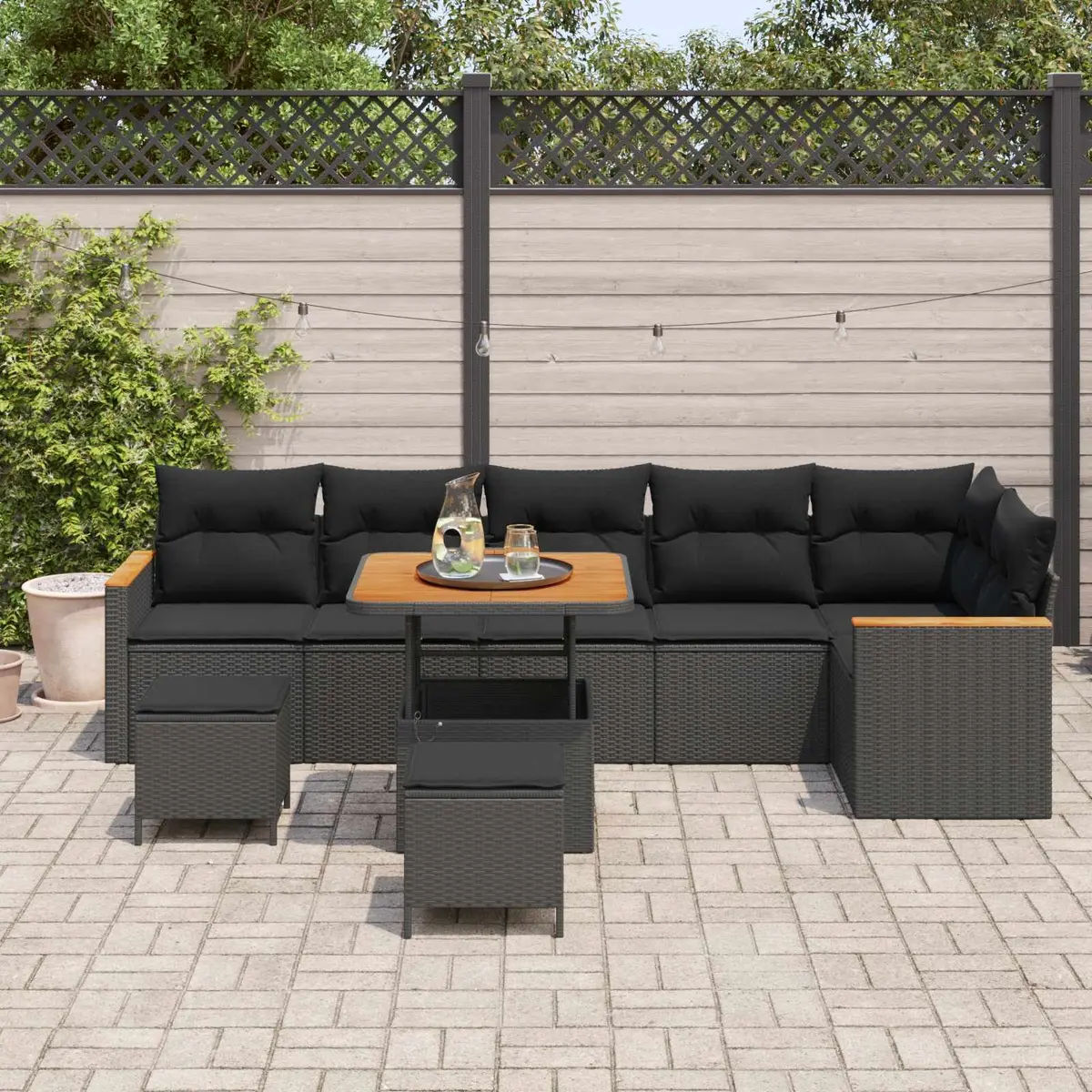 Modular Outdoor Sofa Set 9 Pieces Black Poly Rattan Weather Resistant Cushions