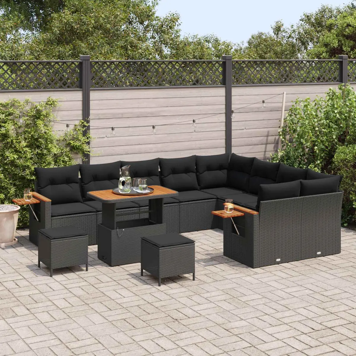 Modular Garden Sofa Set 13 Piece Outdoor Seating Poly Rattan Acacia Wood Black