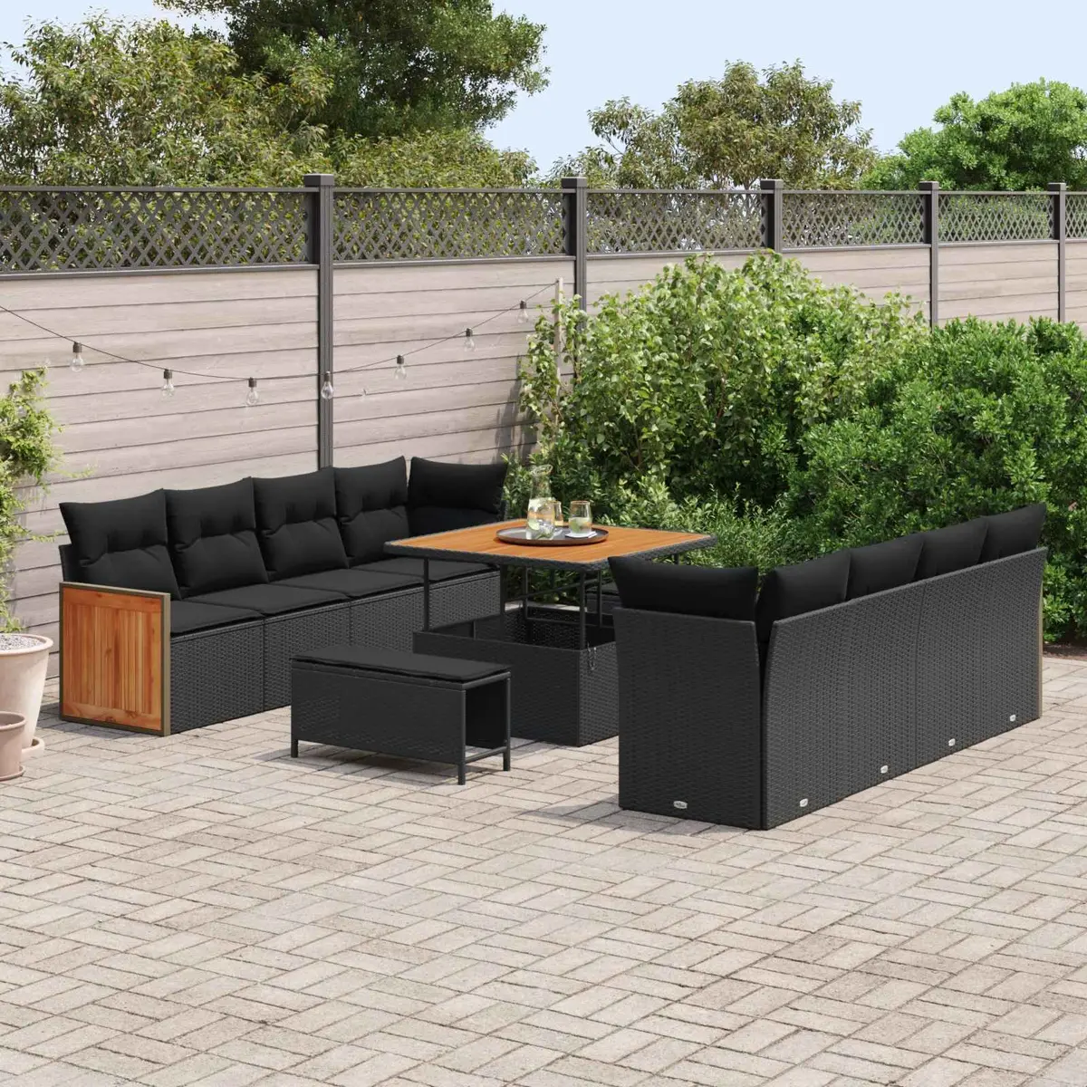Modular Garden Sofa Set Outdoor Seating Black Poly Rattan Acacia Wood