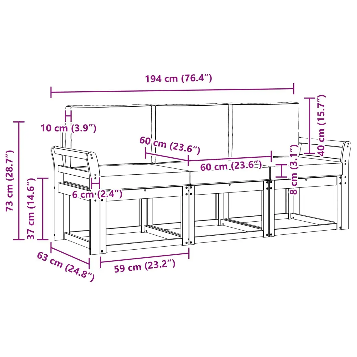 Outdoor Sofa Set 3 Piece Garden Furniture Acacia Wood with Cushions Terrace